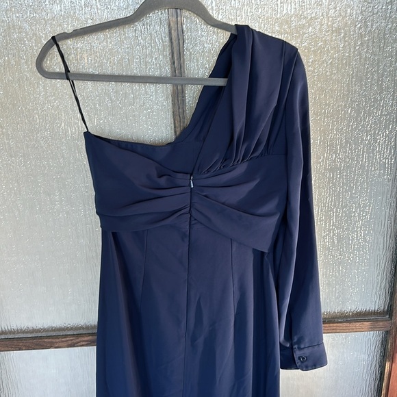 Rokh One Shoulder Knot Dress Women's 36 Navy Blue Crepe Midi Ruffle US size 6. - Picture 9 of 12